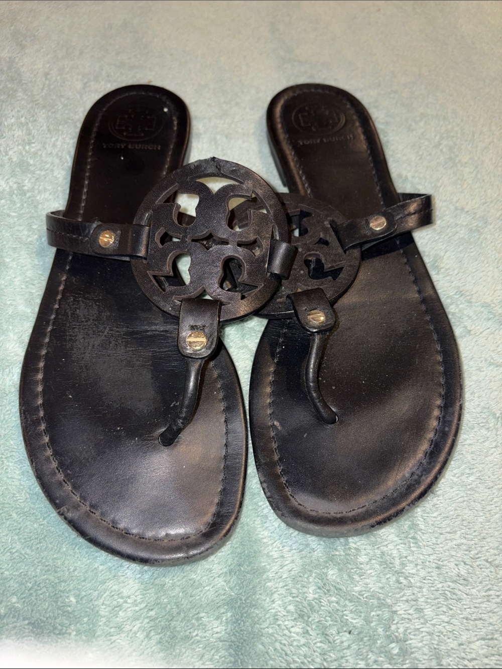 Tory Burch Black Leather Medallion Thong Sandals